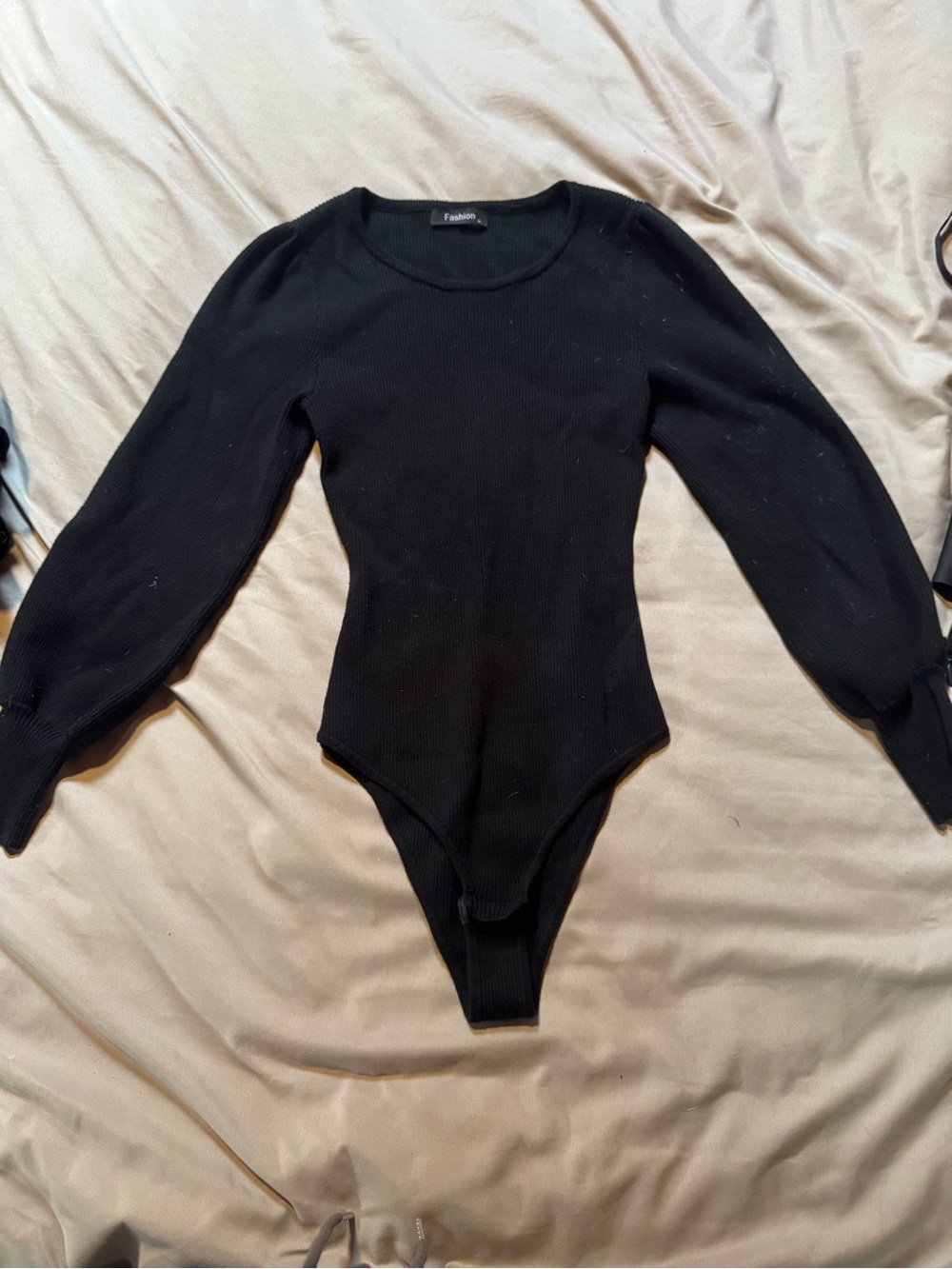 Black Puff-Sleeve Ribbed Bodysuit Sweater
